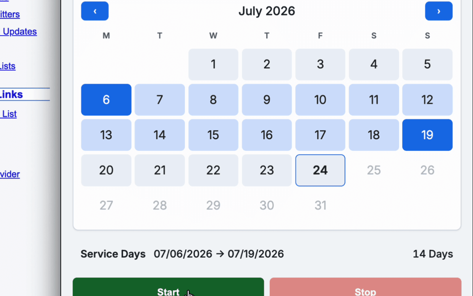 the calendar with days selected