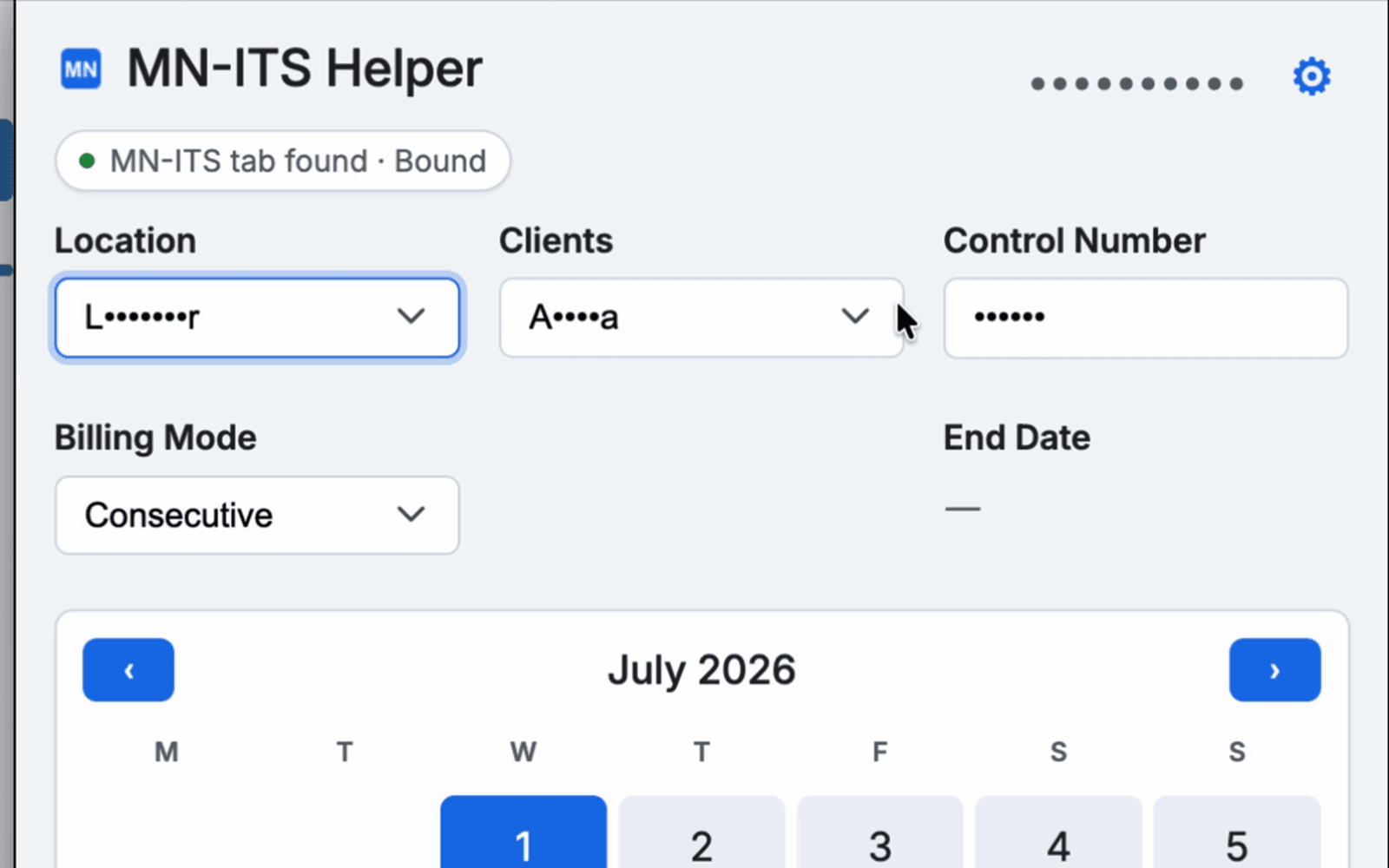 the popup with a client selected
